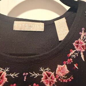 Kate Hill Black Sweater with Pink Floral Embroidery